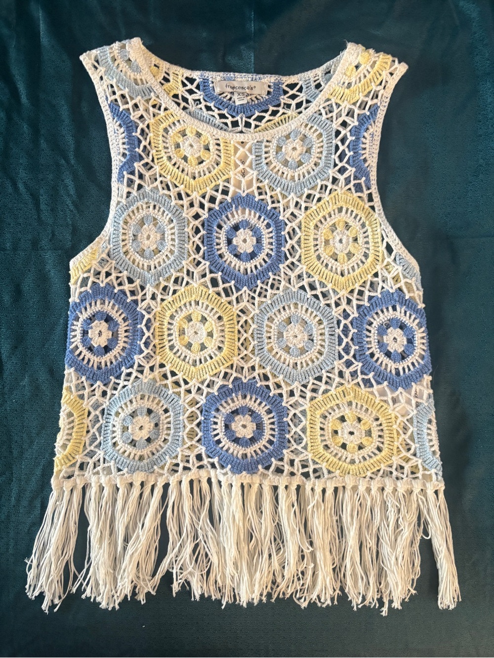 Francesca's Crochet Motif Fringe Tank in Blue, Yellow & Cream
